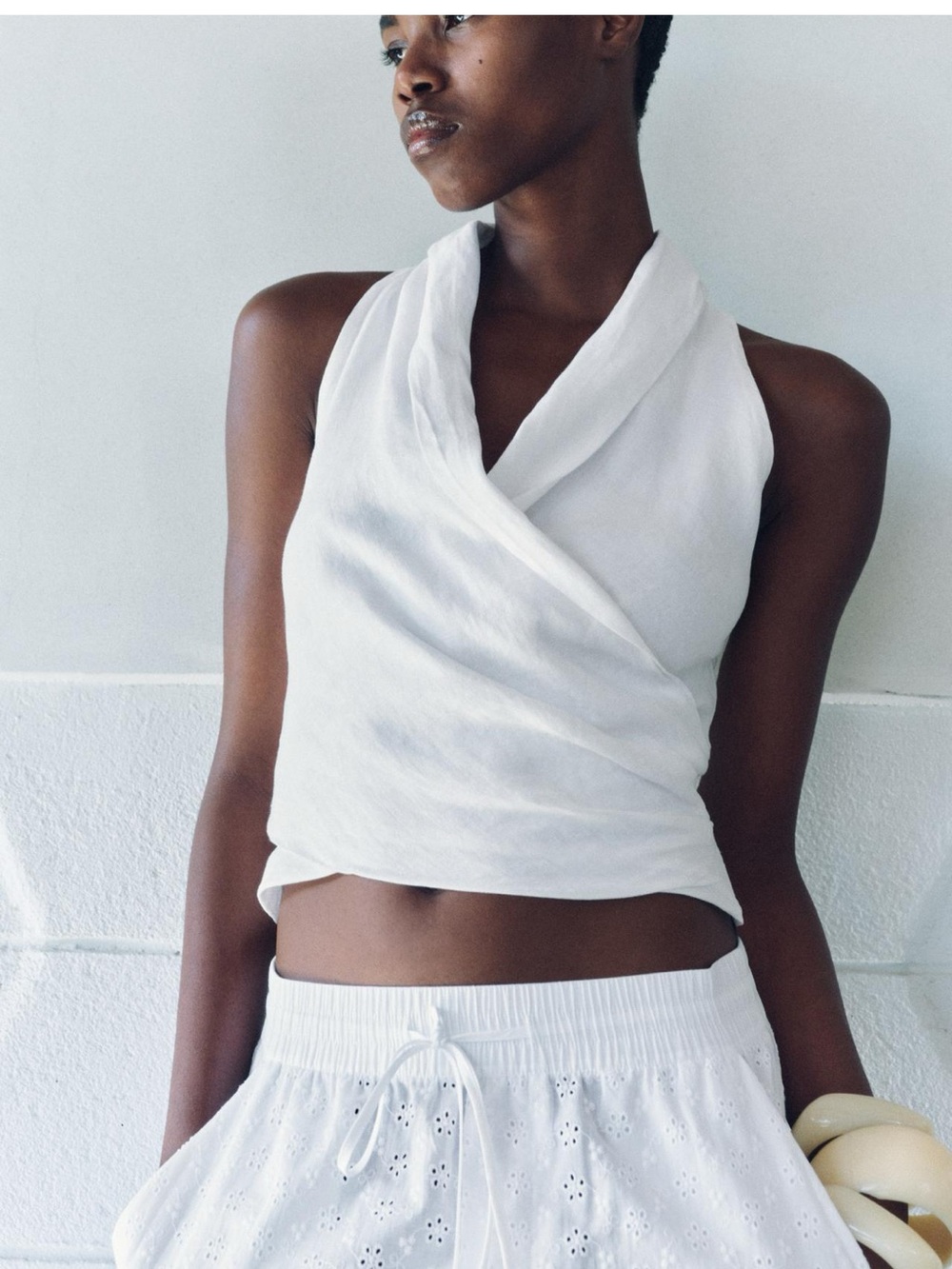 Zara White Linen Blend Draped Halter Wrap Top